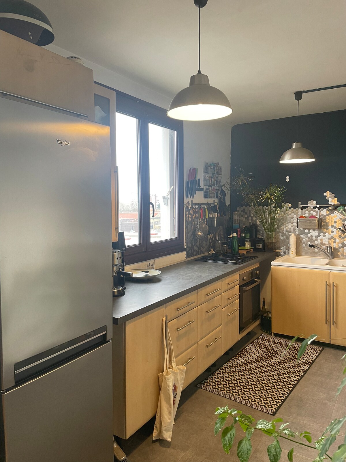 An open kitchen area features sleek wooden cabinetry and modern appliances, including a refrigerator and stove. Large windows provide natural light, while decorative elements like plants and artwork enhance the space. A patterned rug adds texture to the floor.