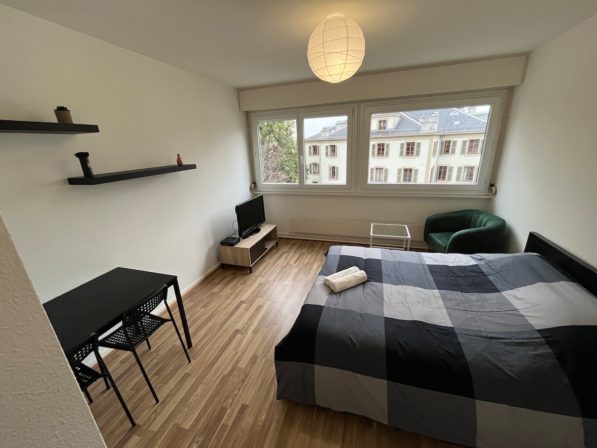 A spacious room features a large bed covered with a checkered blanket. A green sofa and a small table are positioned against the wall. A television stands on a low wooden unit, with natural light entering through large windows overlooking an urban scene.