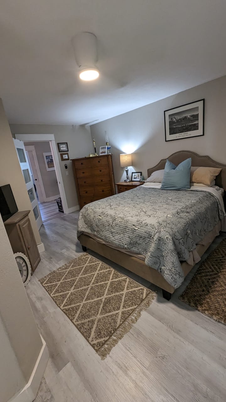 تحتوي غرفة النوم الرئيسية على سرير كبير وخزانة ملابس وحمام داخلي.