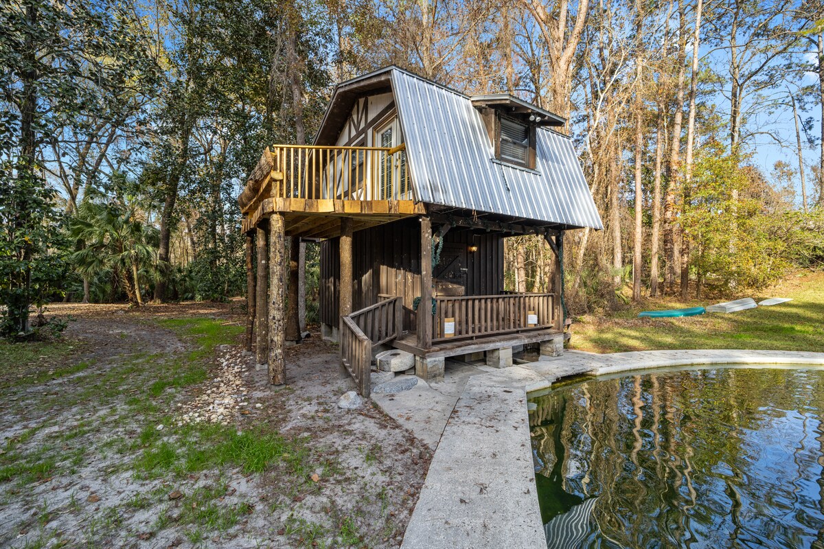 A charming wooden structure with a metal roof is elevated above ground, supported by sturdy pillars. A spacious porch features wooden railings, providing a view of the surrounding forest and the natural spring nearby, which reflects the greenery.