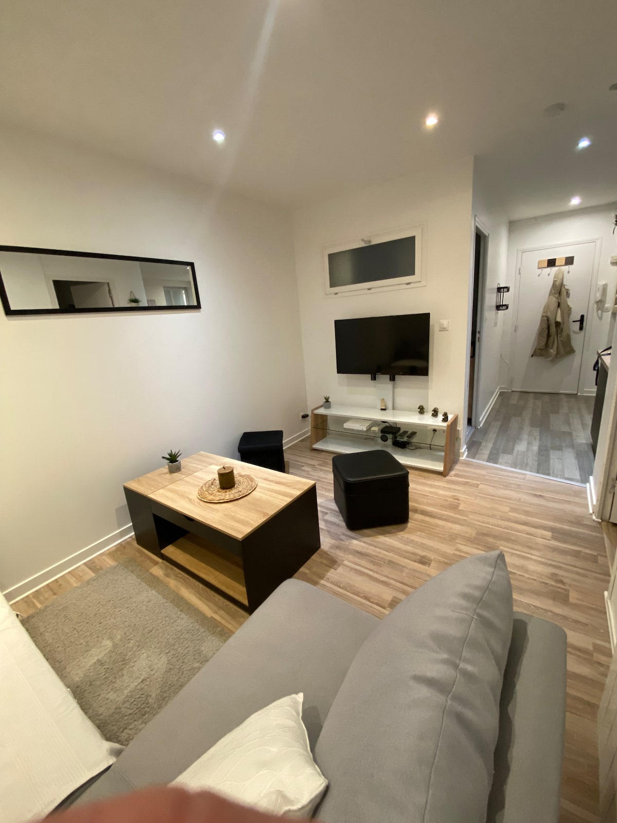 A modern living area features light wooden flooring and neutral-colored walls. A compact coffee table is positioned in front of a gray sofa, while a television is mounted on the wall opposite. The entryway is visible, showing a coat hanging and a glimpse of additional furnishings.