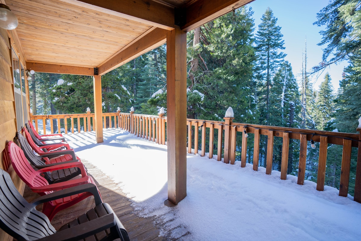 A covered porch showcases several chairs arranged neatly along the railing. Fresh snow blankets the ground, while tall trees provide a natural backdrop. Soft light filters through the trees, enhancing the peaceful mountain setting.