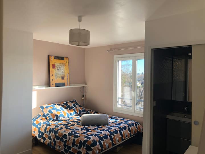 غرفة بين الوالدين تضم سرير كينج مع حمام داخلي 