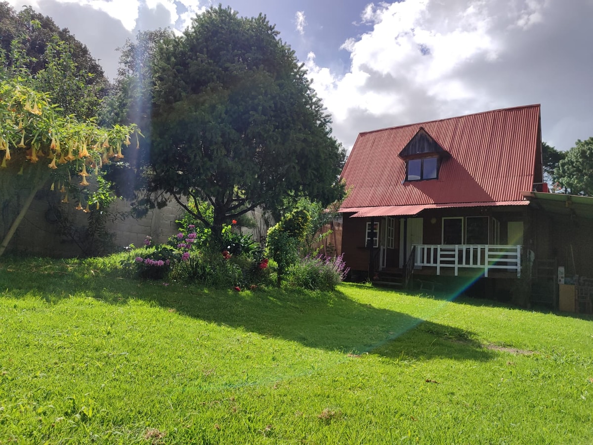 A charming cabin is set within a well-maintained garden, surrounded by greenery. Colorful flowers are visible throughout the landscaped area. The cabin features a distinctive red roof and a welcoming porch, with large windows that provide a view of the lush surroundings.