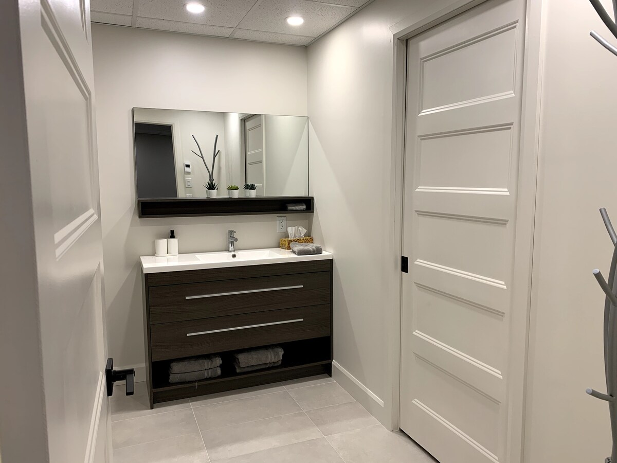 A modern bathroom is presented with a sleek vanity featuring a white countertop and dark wood storage. A large mirror reflects the space, and towels are neatly arranged below. The room is well-lit and includes subtle decor touches, contributing to a clean aesthetic.
