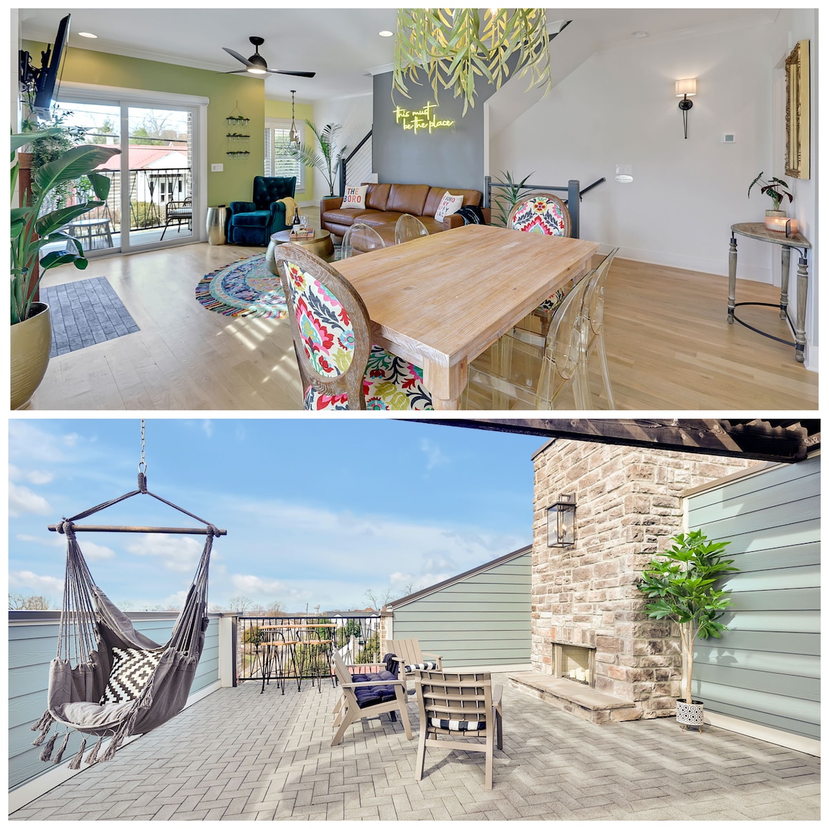 A spacious living area displays large windows allowing natural light, complemented by a cozy seating arrangement and vibrant decor. A dining table for six is positioned nearby. The rooftop features a mountable fireplace, two hammock swings, and seating for four, offering views of the surroundings.