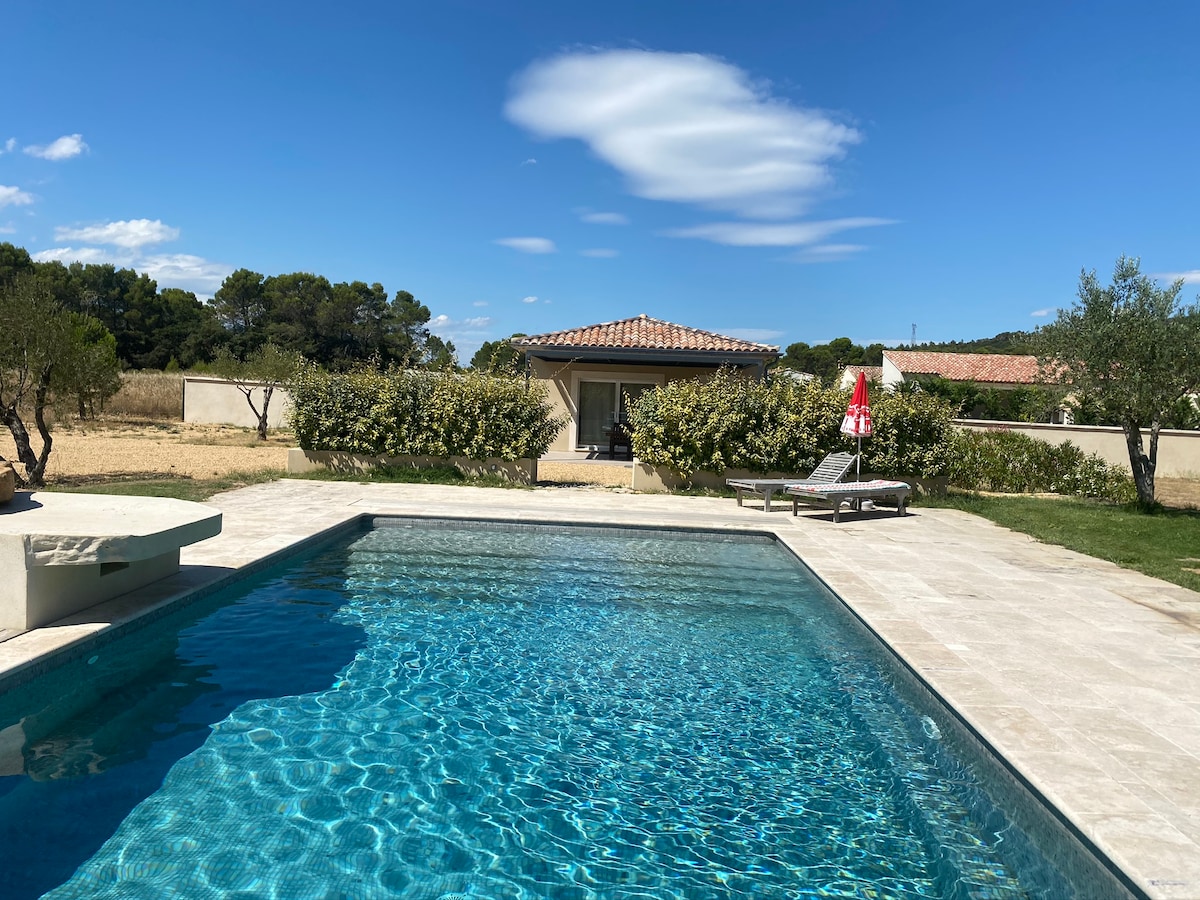 An outdoor swimming pool is presented in a serene setting, surrounded by well-maintained grass and shrubs. A sun lounger is positioned nearby, with a shaded area featuring a traditional roof visible in the background against a clear blue sky.