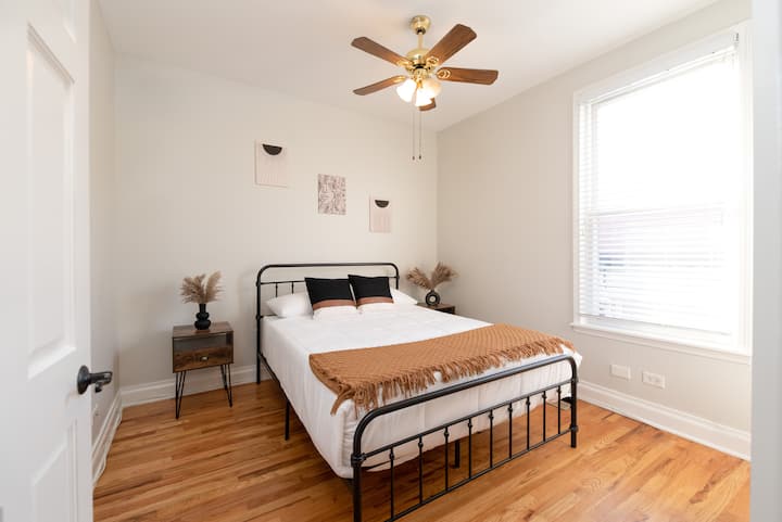 Comfy Queen bed, closet, nightstands, noise machine. 