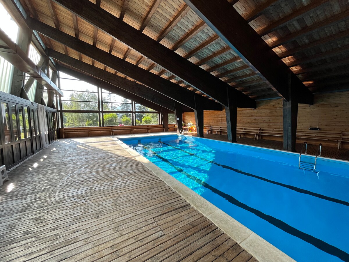 An indoor heated pool is featured, surrounded by large windows that allow natural light to enter. The wooden ceiling adds warmth to the space, with wooden flooring complementing the overall design. Swimming lanes are visible, along with a ladder leading into the pool.