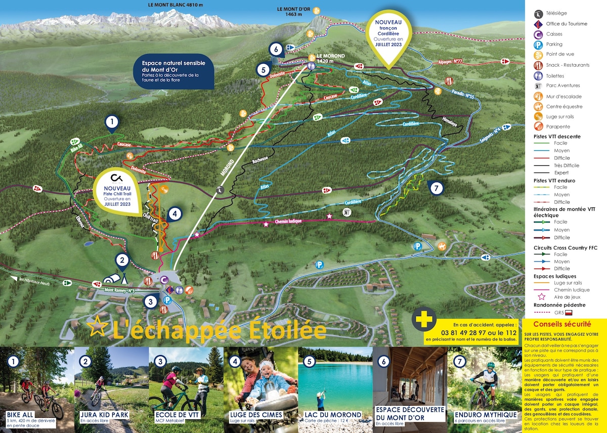 An illustrated map displays various trails and activities in the surrounding mountain area. Key landmarks, paths, and points of interest are clearly marked, providing a guide for summer and winter activities. The layout includes icons for biking, walking, and recreational areas.