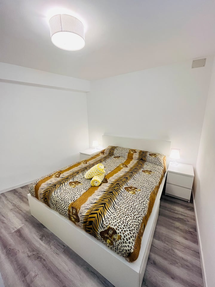 ห้องนอนใหญ่มีคานาเป้โต๊ะกลางคืนสอง (2) ตัวและไฟแต่ละดวง