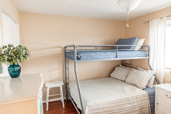 New bunk bed,  single bed over double bed.