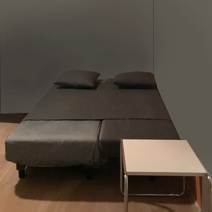 In the accommodation is a sofa bed like this (when unfolded 130 x 190 cm) 