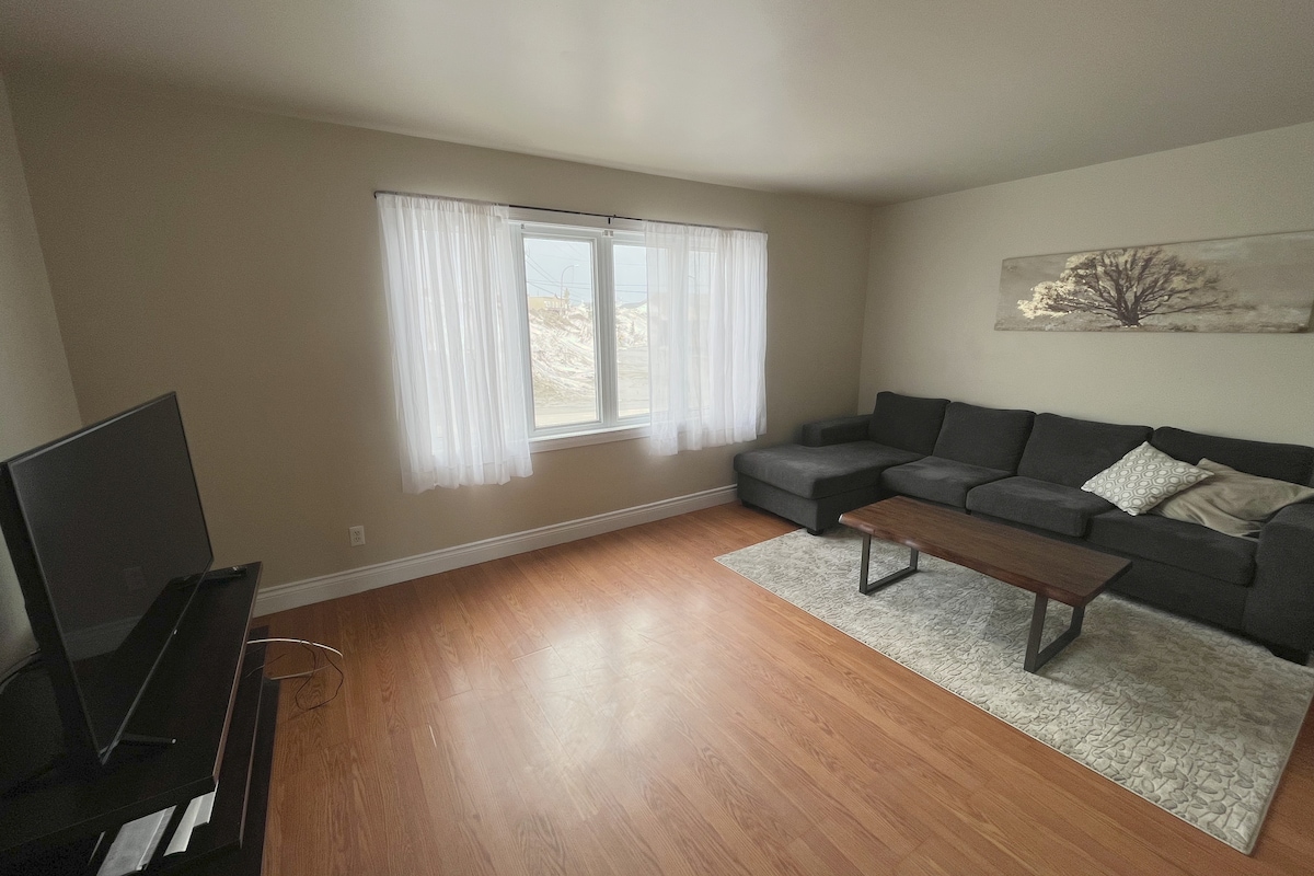 A bright living area features a large window with sheer curtains allowing natural light to fill the space. A dark sectional sofa is positioned around a coffee table, with a soft area rug beneath. A television is placed on a stand against the wall.