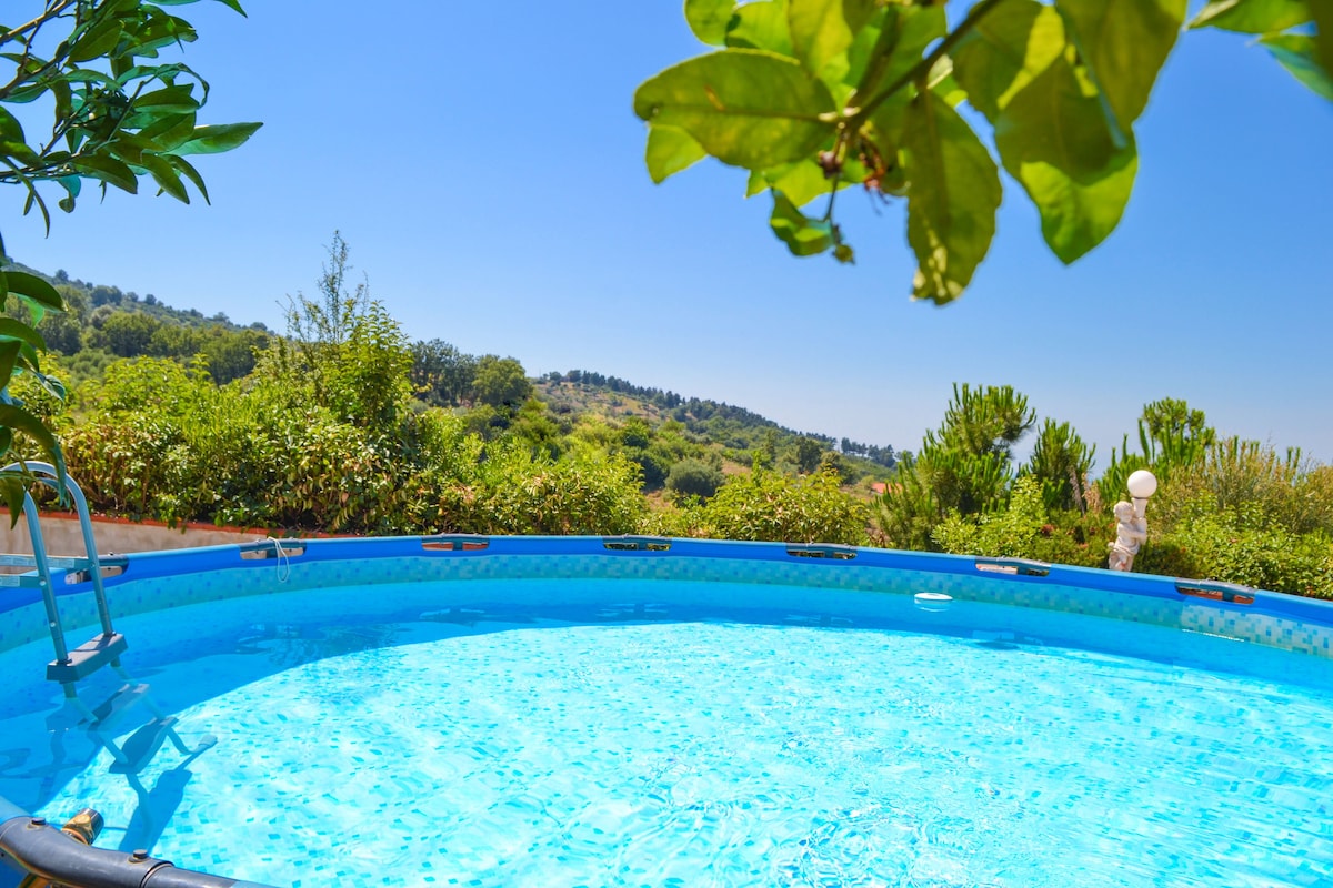 A circular pool surrounded by greenery presents a refreshing blue surface. Lush hills and trees are visible in the background under a clear blue sky. The pool's ladder offers access, while the surrounding foliage adds a natural touch to the setting.