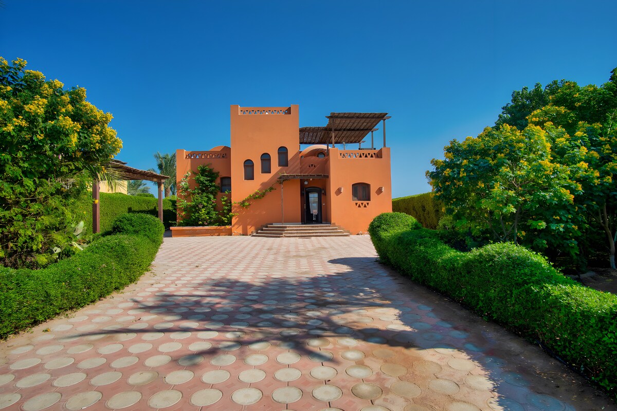 An orange exterior villa is framed by lush greenery and flowering trees, leading to a welcoming entrance. A paved pathway runs towards the front door, flanked by manicured hedges, under a clear blue sky.
