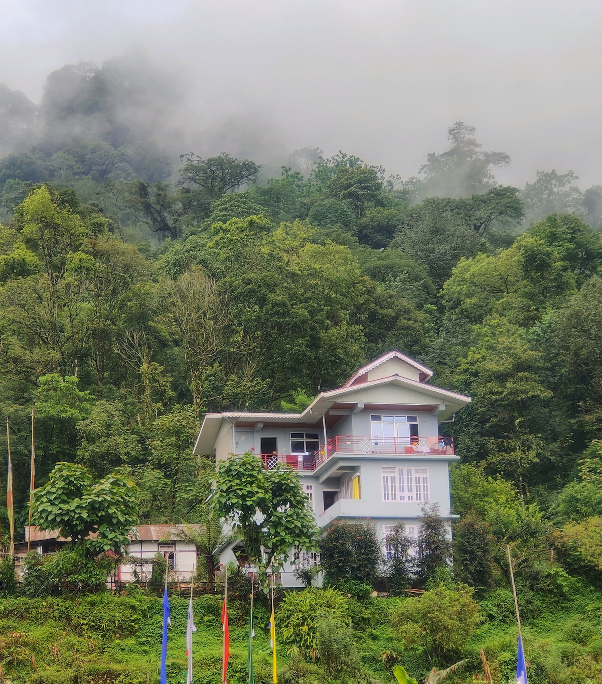 A three-story building is situated at the foot of lush green mountains, partially shrouded in mist. The structure features multiple balconies with views of the surrounding trees, while colorful prayer flags flutter in the foreground, adding an element of local culture.