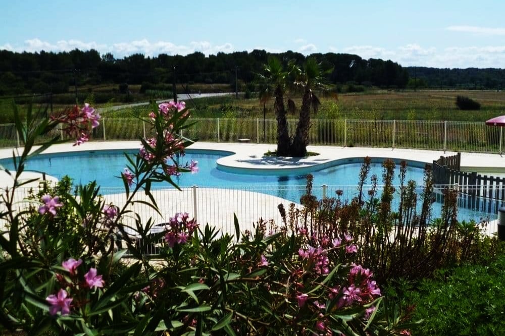 A swimming pool surrounded by a spacious deck features a fenced area for safety. Lush green landscapes stretch in the background, while vibrant flowers and palm trees bring color and life to the foreground, enhancing the tranquil outdoor environment.