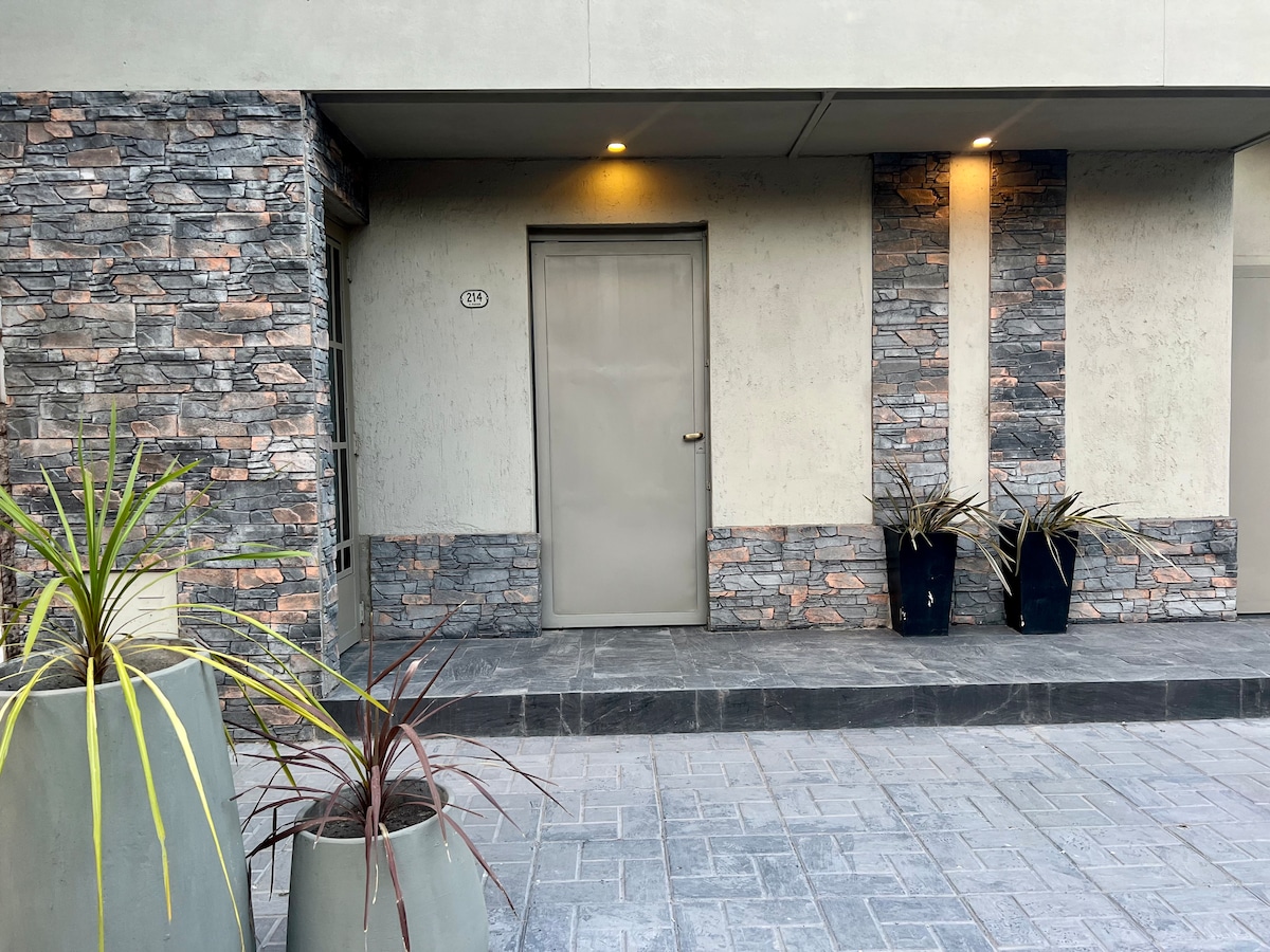 The entrance features a smooth stone facade complemented by modern planters. Two planters display tall, slender plants, and warm lighting illuminates the door area, providing a welcoming ambiance. The door is set within a neatly arranged stone border, enhancing the welcoming appearance.