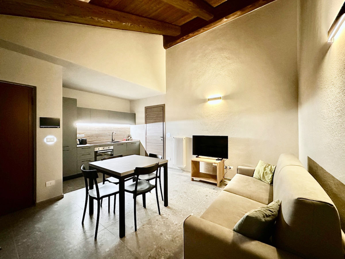 The open living area features a rectangular dining table surrounded by black chairs, complemented by a light-colored sofa with soft cushions. A flat-screen TV is positioned on a wooden stand. The modern kitchen is visible in the background, equipped with essential appliances.