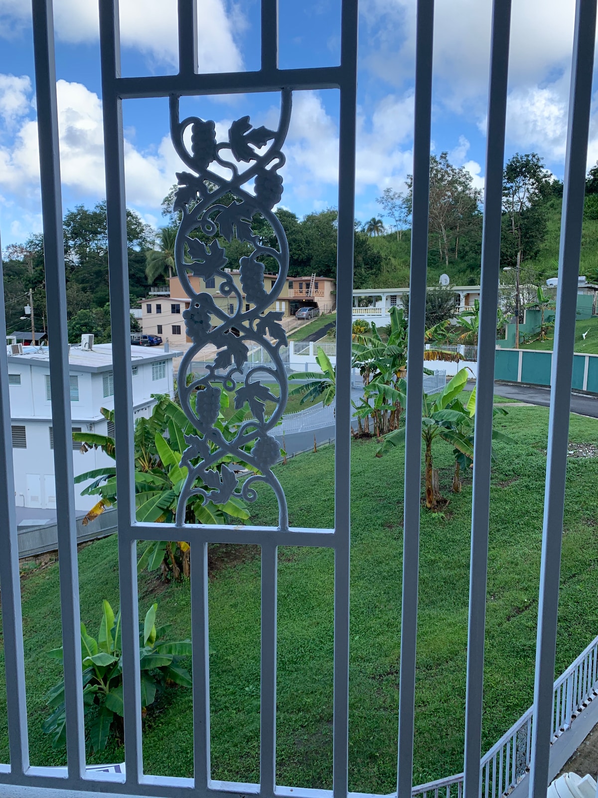 Intricate metalwork of a balcony railing frames a view of vibrant greenery and banana trees. The scene captures a peaceful hillside community with tidy homes visible in the background under a partly cloudy sky.