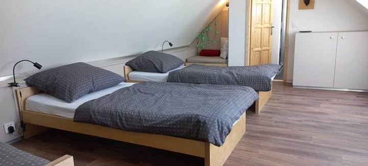 Chumba cha kulala kwenye dari (kilicho na kona ya kusoma)