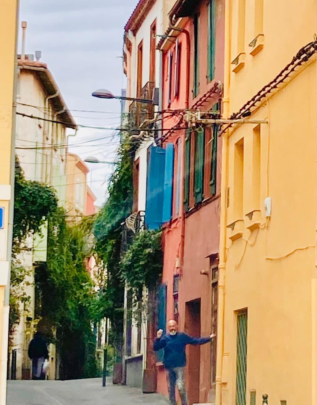 A narrow street is lined with charming, vibrantly colored buildings. Green ivy climbs the walls, and a person can be seen walking along the cobblestone path. The atmosphere is enhanced by the presence of vintage light fixtures and an array of window shutters.