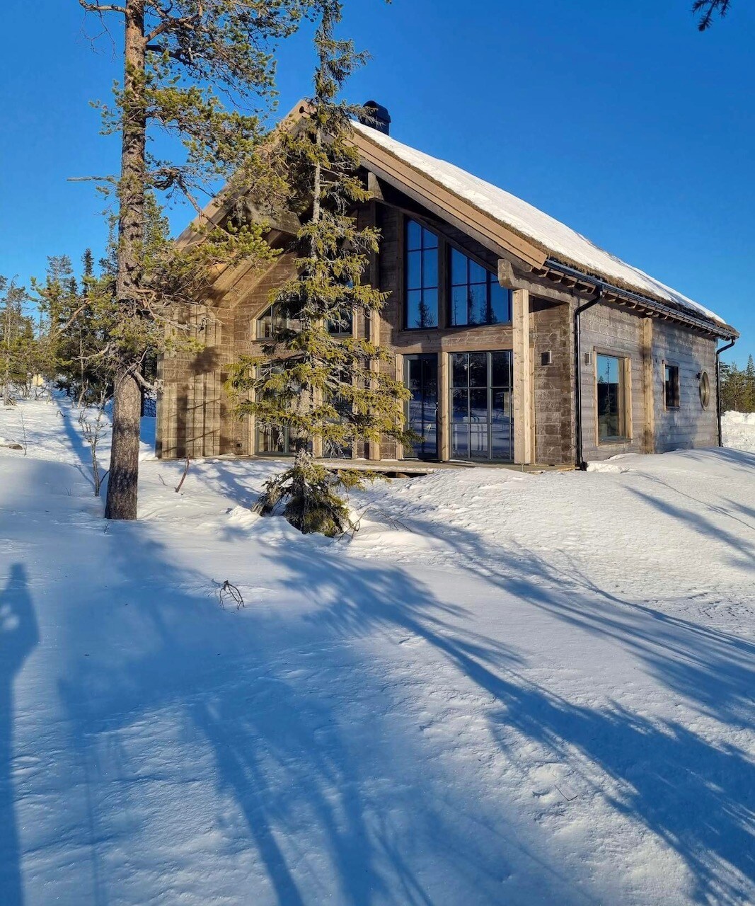A timber house featuring a steeply pitched roof and large windows, stands amidst a snowy landscape. Tall trees surround the property, casting long shadows across the snow-covered ground. The clear blue sky enhances the serene atmosphere of the setting.