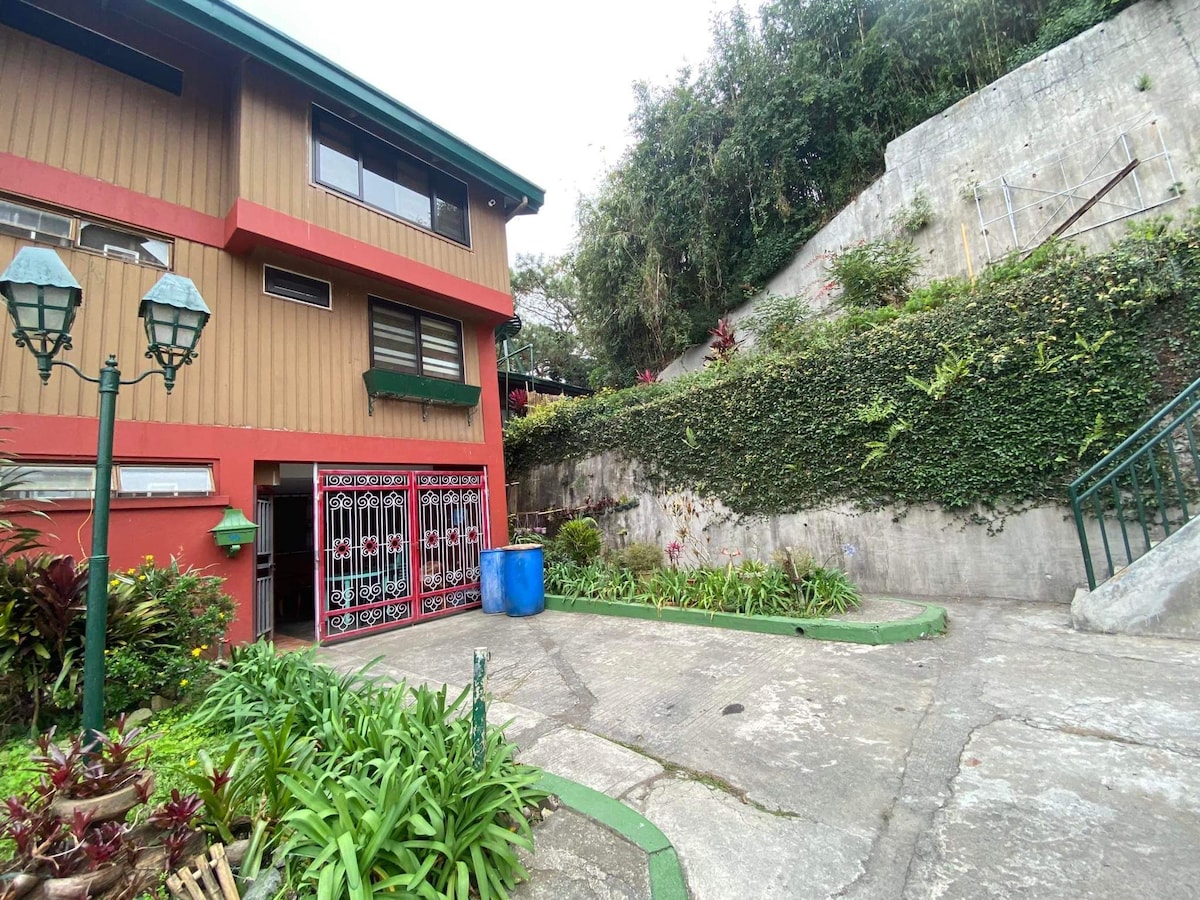 A multi-level building is set against a lush green backdrop, with vibrant planters filled with foliage near a stone pathway. A decorative gate features intricate metalwork in red, and a blue water barrel sits beside the building, enhancing the outdoor space.