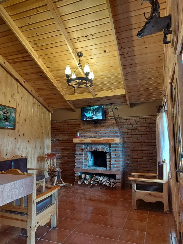 A cozy living area features wood paneling and a vaulted ceiling with exposed beams. A stone fireplace is prominently displayed, surrounded by logs. Comfortable seating is arranged around a small table, and a television is mounted on the wall, adding convenience to the space.