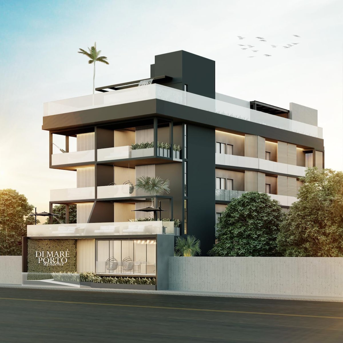 A modern multi-story building is depicted, featuring a combination of dark and light exterior materials. Large windows provide ample natural light, while tropical plants and a palm tree contribute to the contemporary façade. The ground level includes a welcoming entrance with a sign displaying the property name.