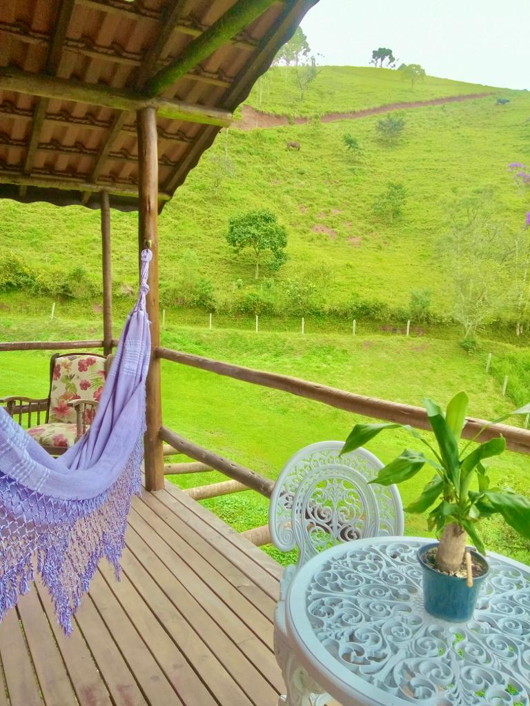 A wooden deck offers a relaxing view of a lush green hillside. A lavender hammock is hung for comfortable lounging beside a white table and chairs. Decorative plants on the table add a refreshing touch to the outdoor space.