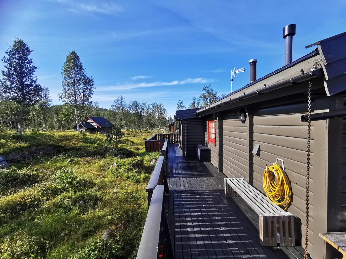 A wooden deck extends from the cabin, featuring a long bench and a yellow water hose. The surrounding landscape consists of green foliage and scattered trees, with distant hills visible under a clear blue sky.