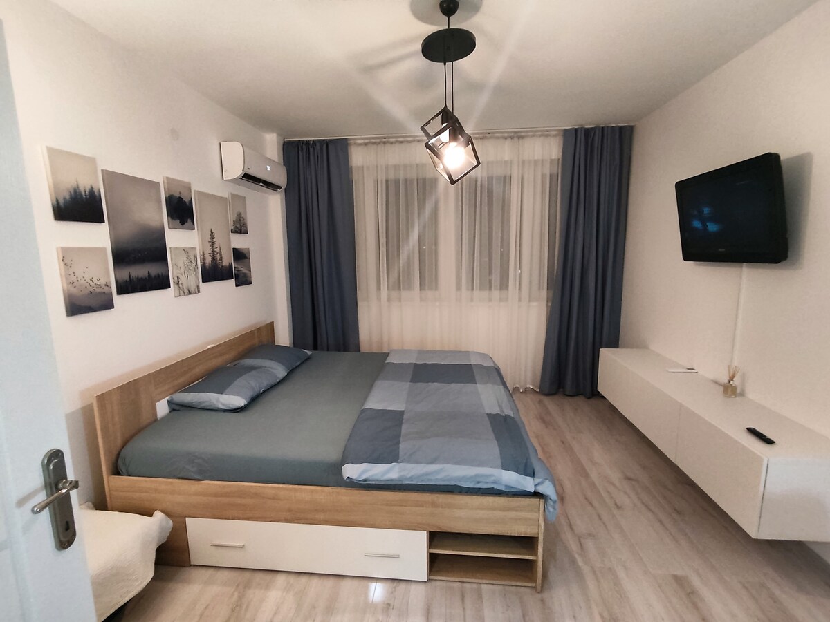 A spacious bedroom features a large bed with a neatly arranged blanket in shades of blue. Art prints adorn the wall above the bed, while a wall-mounted LCD TV is positioned opposite. Large windows with sheer curtains provide natural light, complemented by a modern ceiling light.