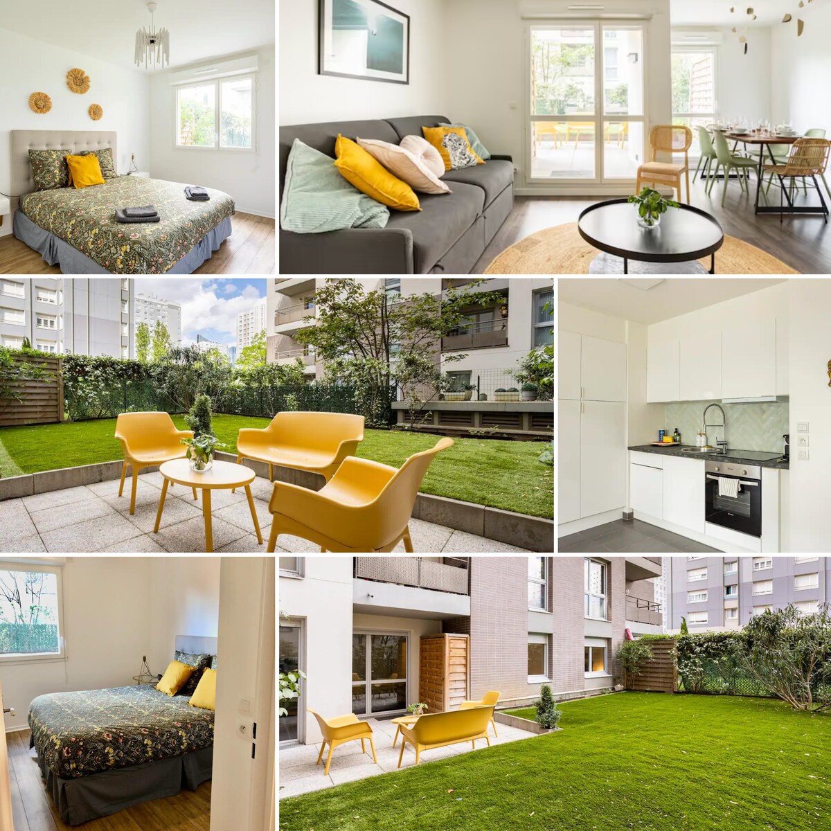 A bright living space features a bed with patterned bedding, complemented by colorful decorative pillows. Natural light floods through large windows leading to a terrace. The kitchen, with modern cabinetry, is open to the dining area, which includes a table surrounded by chairs outside.