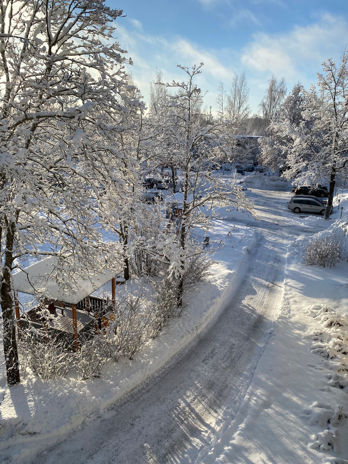 A snow-covered scene presents a winding pathway bordered by frosted trees, leading to a parking area. Delicate snowflakes blanket the ground, while a glimpse of a parked vehicle is visible among the winter landscape. The sky is clear, suggesting a bright day.