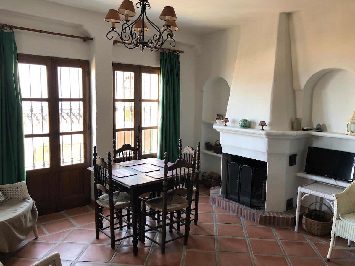A rustic dining area features a dark wooden table surrounded by matching chairs. Natural light streams through two sets of wooden-framed windows adorned with green curtains. A white fireplace and light television stand complement the warm terracotta flooring.