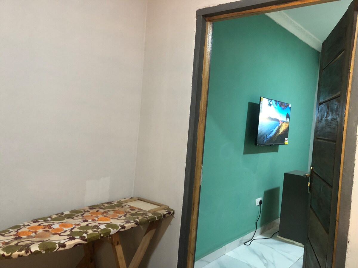 An ironing board with a floral cover is positioned against the wall. A wall-mounted television is visible nearby, providing a modern touch. The room is painted in a calming green hue, enhancing the overall sense of openness.