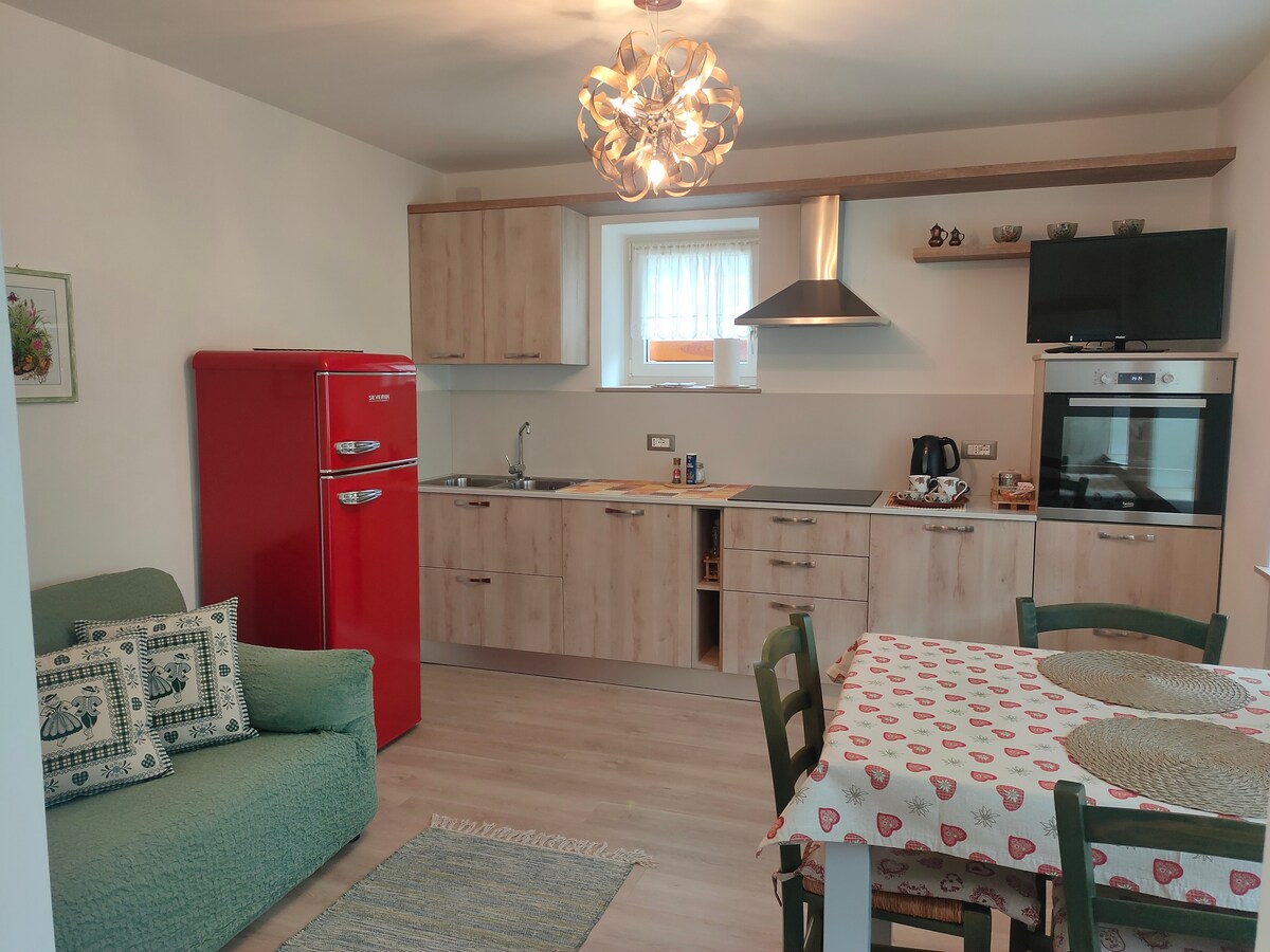 An open kitchen area features light wood cabinetry and stainless steel appliances. A bright red refrigerator stands out against the neutral tones. A small green sofa is positioned nearby, and a dining table with a patterned tablecloth accommodates four. Natural light filters through a window.