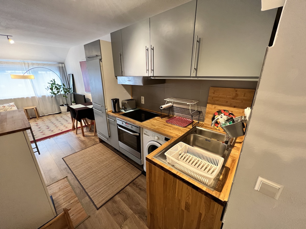 The kitchen area is equipped with modern cabinets and wood accents. A refrigerator, oven, and washing machine are situated along one wall, alongside a stainless steel sink. Counter space is available for food preparation, and a dish rack is positioned next to the sink.