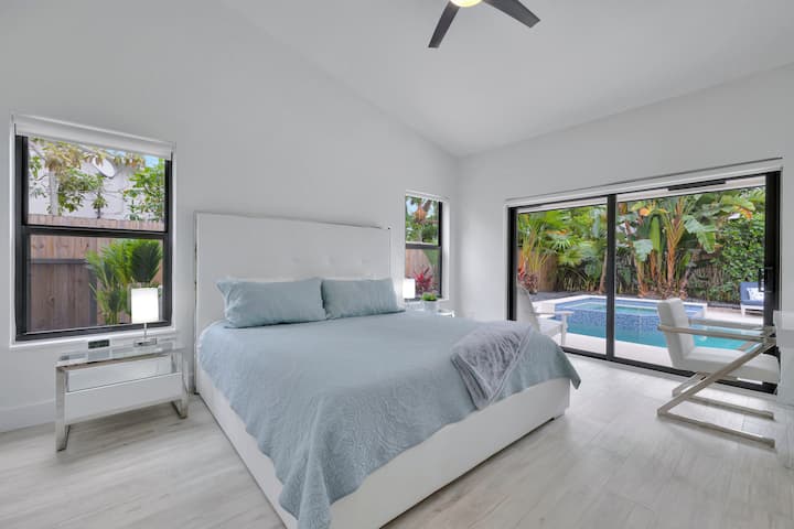 Master with stunning views includes a king bed with a memory foam mattress, large chest of drawers, and desk.