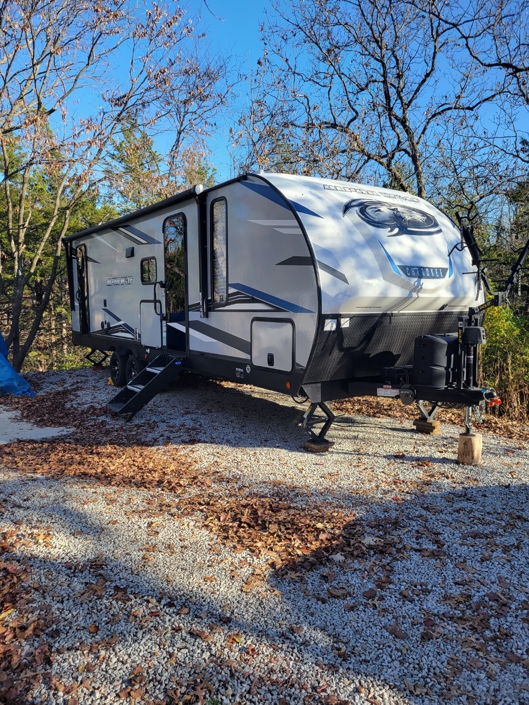 A modern camper is positioned on a gravel site surrounded by autumn foliage. Soft lighting highlights the sleek exterior, featuring a prominent graphic design. Steps lead up to the entrance, inviting guests into a comfortable getaway amidst nature.