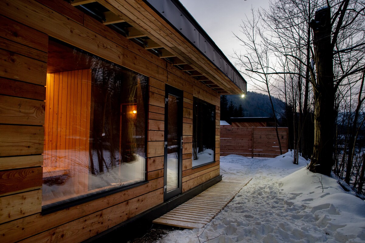 A modern wooden cabin is set amidst snow, featuring large glass windows that reflect the surrounding landscape. A wooden pathway leads to the entrance, framed by snow-covered ground and trees. Warm light glows softly from within, enhancing the inviting exterior.