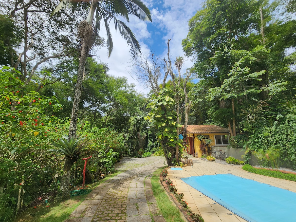 A stone pathway meanders through lush greenery, surrounded by tall trees and vibrant plants. A small pool with a light blue surface reflects the sky. A rustic yellow building is visible in the background, complemented by a natural setting that enhances the feeling of seclusion.