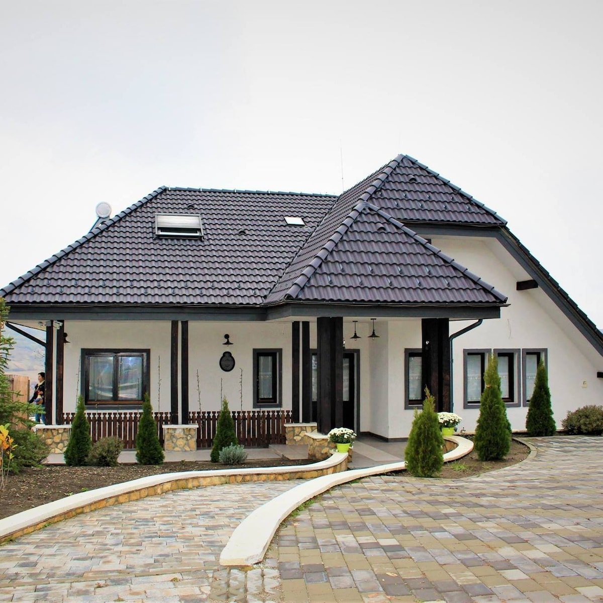 The exterior of a modern house is presented, featuring a steeply pitched roof and a mix of dark and light colored walls. The landscaped yard includes neatly trimmed shrubs and a stone pathway leading to the entrance, enhancing the spacious and inviting appearance.