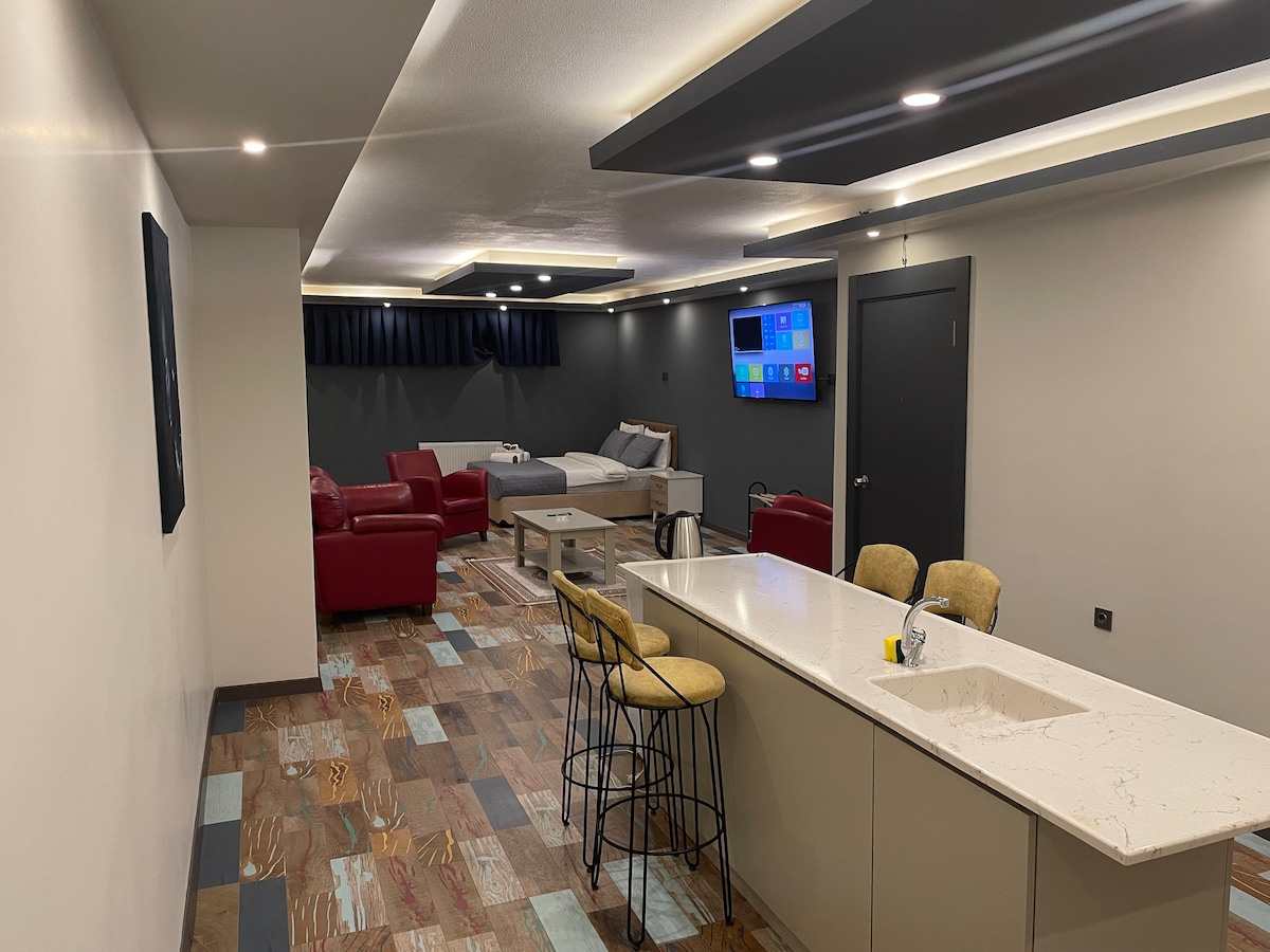 An open living space features a cozy seating area with red armchairs and a sofa. A bed is visible in the background, alongside a modern workspace. A kitchen island with bar stools is positioned near the entrance, complemented by a large wall-mounted television.
