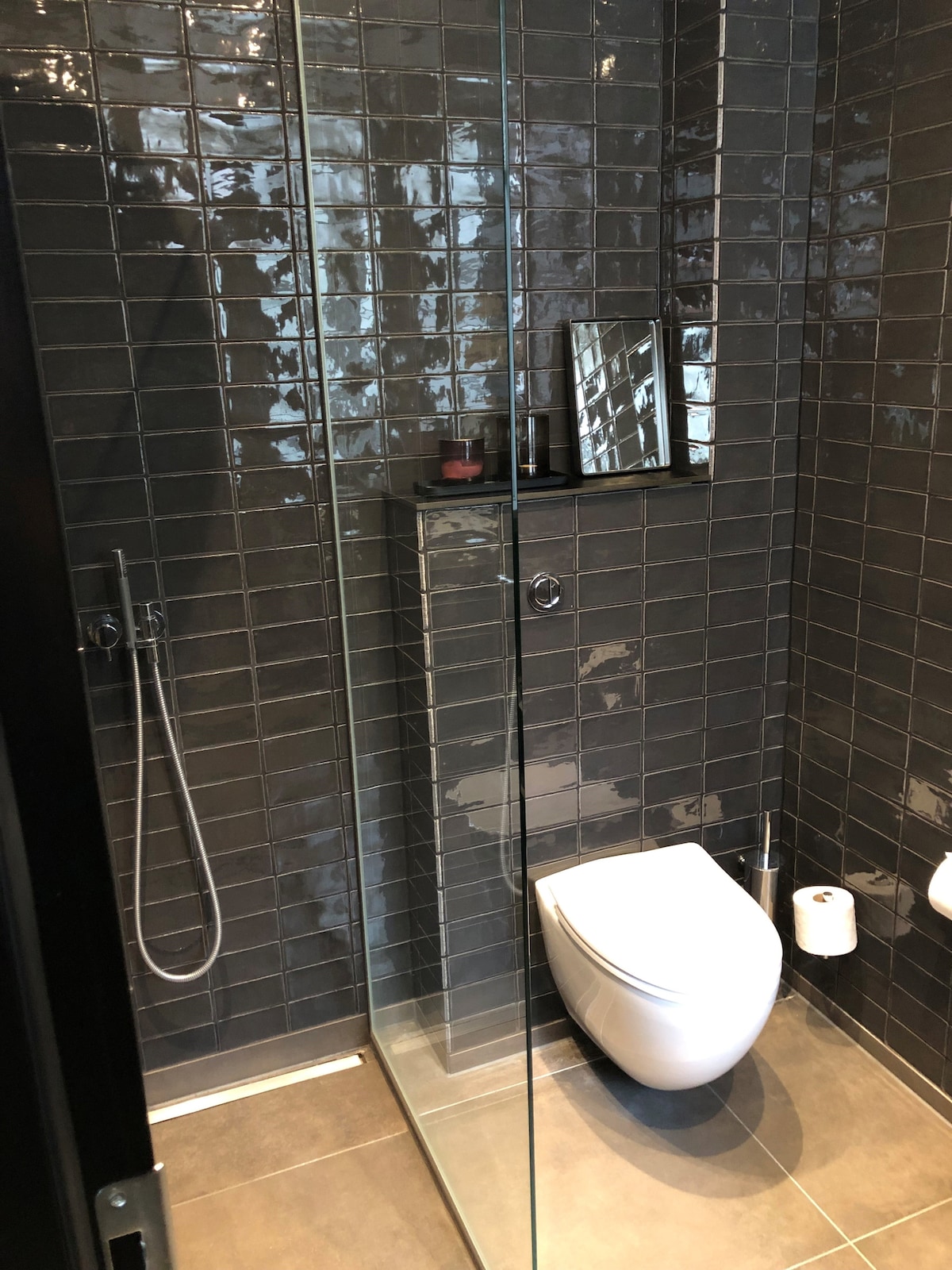 A modern bathroom is featured, showcasing dark tiled walls and a glass shower enclosure. A wall-mounted mirror reflects the space, while a sleek toilet and toilet paper holder are positioned conveniently. Natural light can be seen illuminating the room from an unseen source.