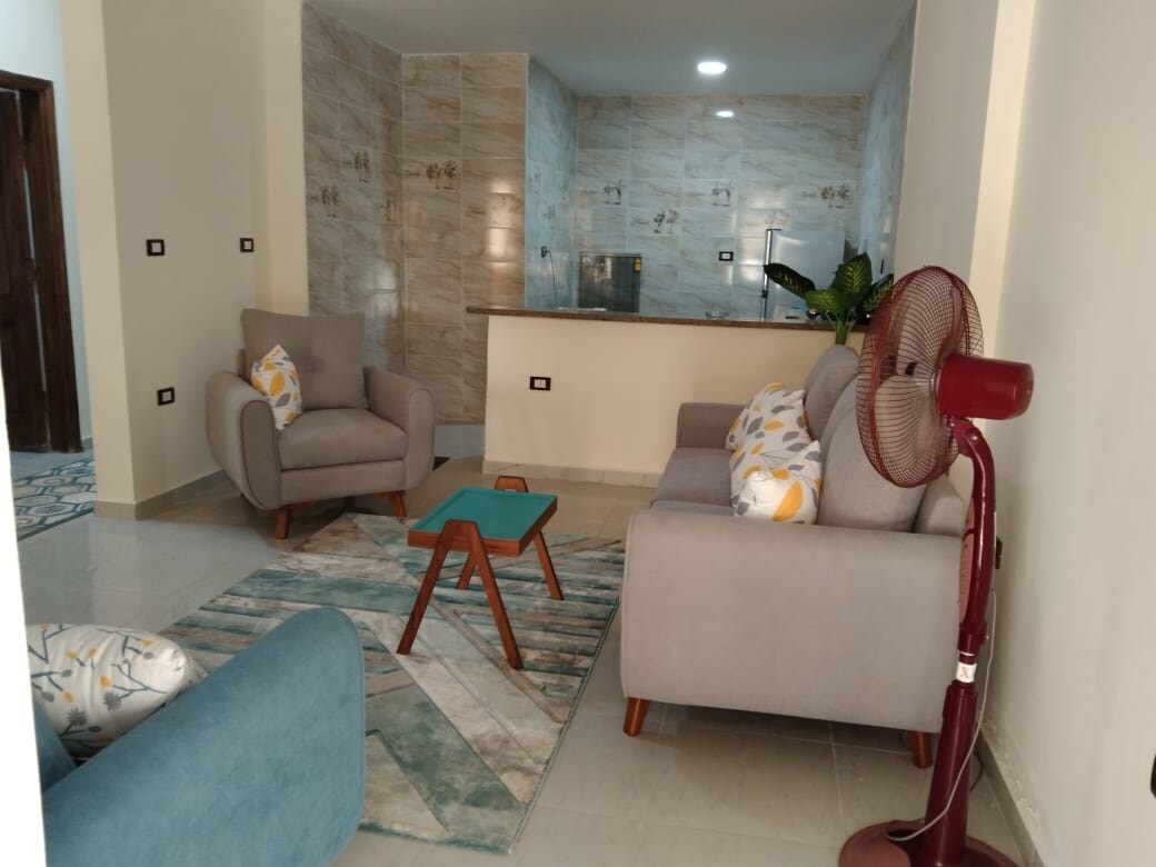 A modern living area is presented with two gray armchairs and a teal coffee table atop a patterned rug. A small fan stands nearby, and a sleek kitchen area with subtle marble walls is visible in the background, enhancing the open layout.