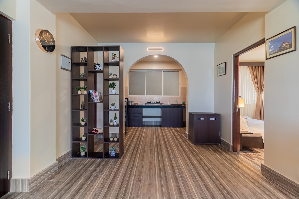 An open-plan living space is shown, featuring a sleek bookshelf with decorative plants and books. The kitchen area is partially visible, equipped with modern appliances. Natural light filters through a large archway into the inviting room, adorned with warm wood flooring and soft lighting.