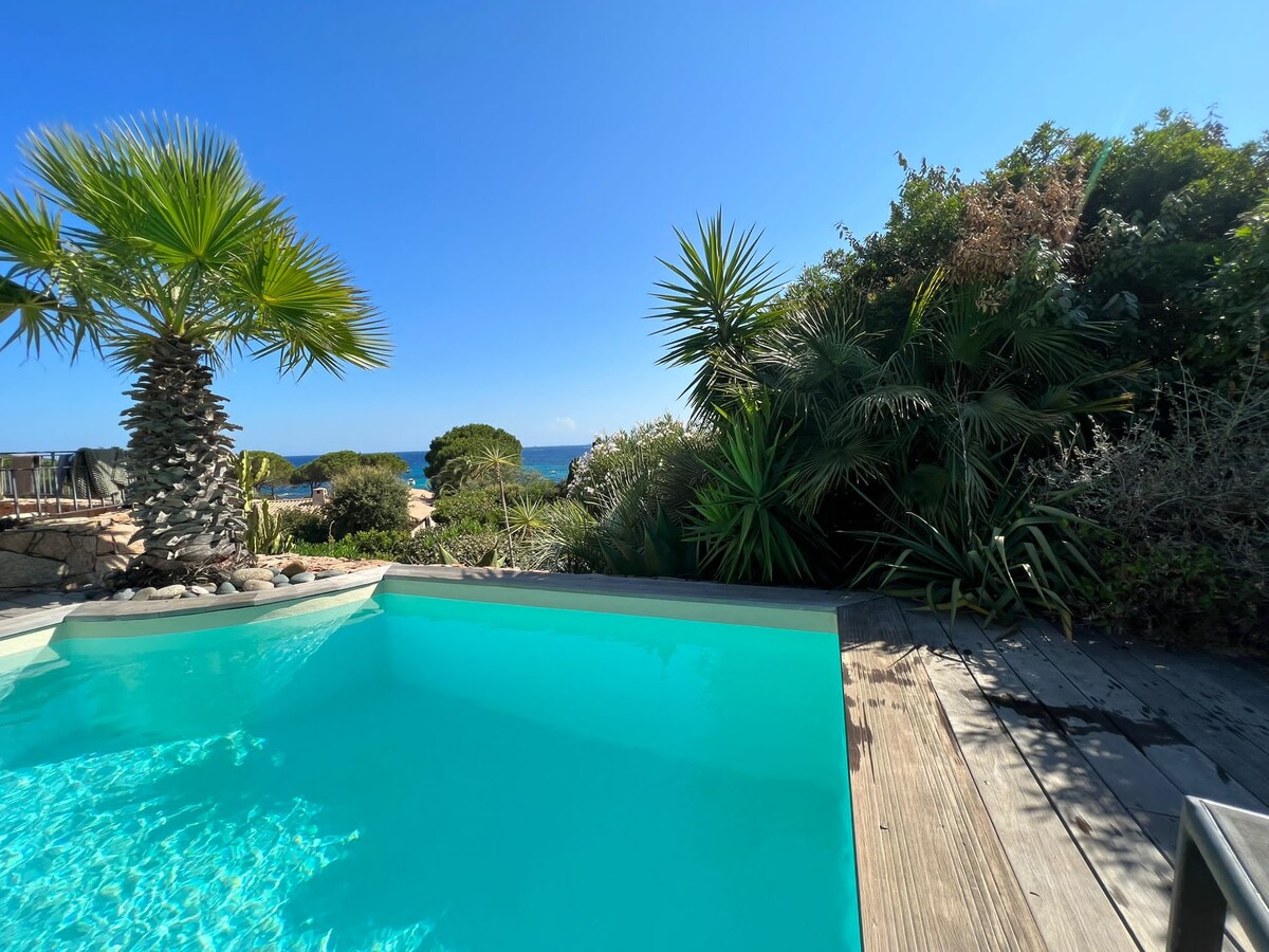 A private pool is framed by lush palm trees and other greenery, creating a serene outdoor oasis. The clear blue water reflects the sunlight, while the horizon reveals a view of the sea under a bright blue sky.